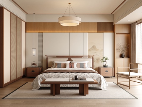  宋式美学卧室 新中式卧室 主卧 飘窗卧室3d模型 