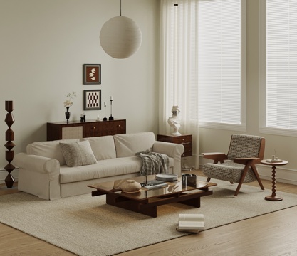  中古风客厅 沙发茶几组合 休闲椅 边柜3d模型 