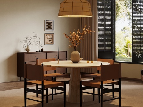 中古风餐厅 餐桌椅 洽谈桌椅 边柜su模型