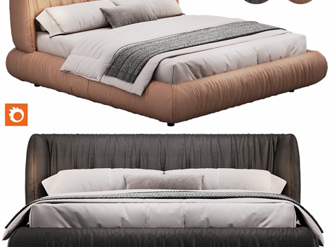  现代背景双人床 意式布艺软床双人床 极简轻奢双人床  真皮3d模型 