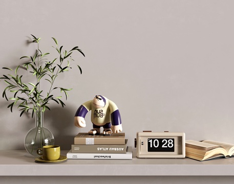  现代饰品摆件 书籍 花艺 数字钟表 大猩猩玩偶雕塑su模型 