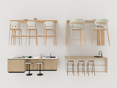 现代简约厨房吧台 岛台 岩板台面 实木柜体 高脚凳su模型