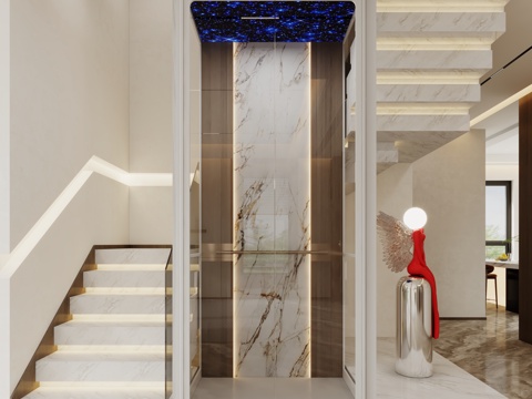  现代别墅玻璃观光电梯厅3d模型 