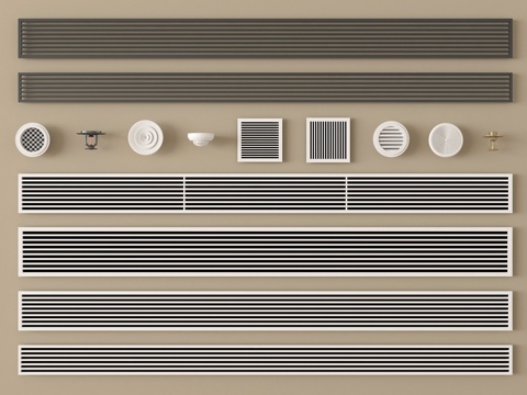  现代中央空调出风口  空调出风口 格栅球型风口 烟感喷淋头3d模型 