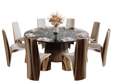  现代轻奢餐桌椅组合 会所餐桌椅 包间餐桌椅 酒店餐桌椅 圆桌su模型 