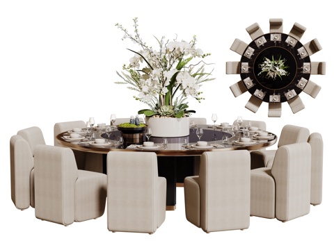  现代轻奢餐桌椅组合 会所餐桌椅 包间餐桌椅 酒店餐桌椅 圆桌su模型 