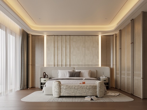 现代卧室 双人床 衣柜su模型