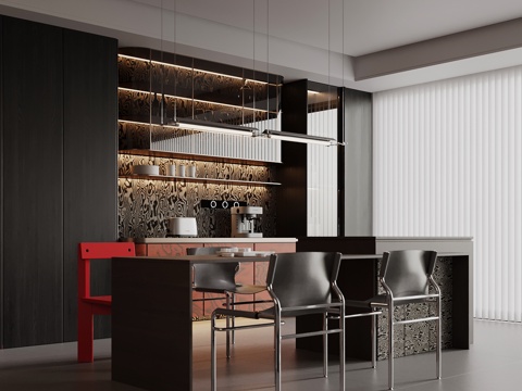  现代餐厅 酒柜 岛台 餐桌椅su模型 