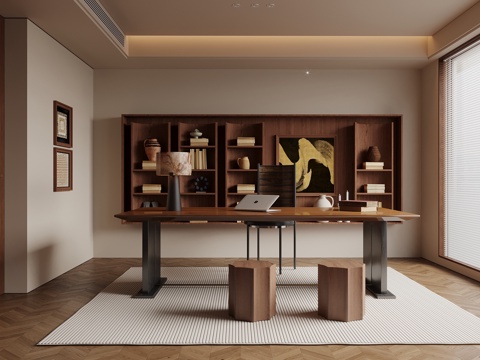  中古风书房 书桌椅 书柜 书架3d模型 