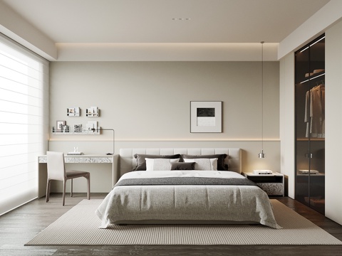 现代卧室 双人床 衣柜su模型