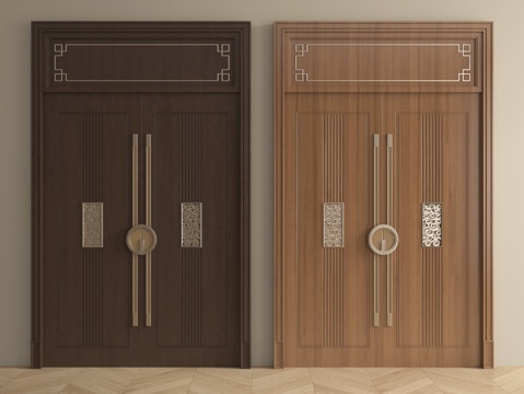 新中式双开门 平开门 入户门 通顶门su模型