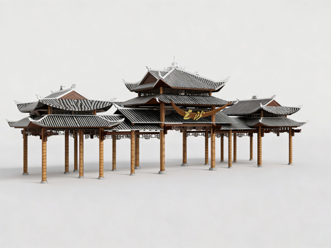  中式三间四柱三楼牌楼 木质结构su模型 