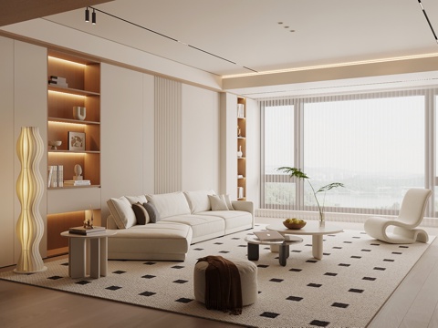  奶油风客厅 沙发茶几组合 背景墙3d模型 