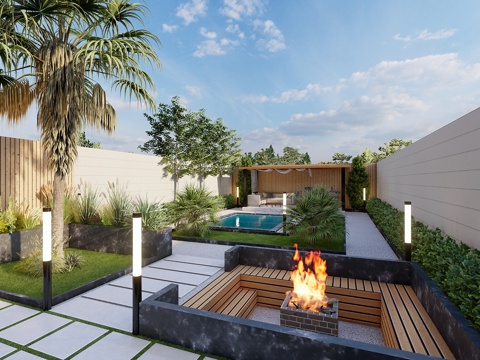  花园 庭院花园 后院 别墅后院 泳池 私人泳池 游泳池 景观su模型 