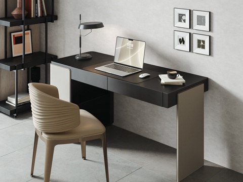 现代意式轻奢书桌椅 办公桌椅 笔记本电脑su模型