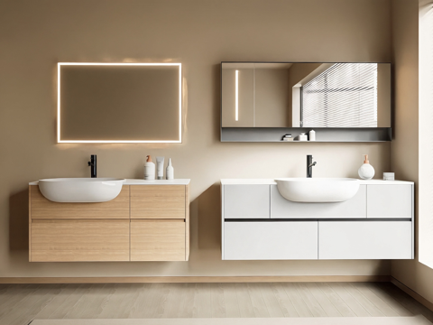 现代简约台盆浴室柜 壁挂式 岩板盆 发光镜su模型