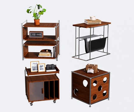  复古沙发边几 不锈钢边几 方形边几 置物架 收纳边柜su模型 