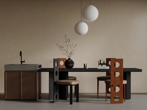 中古风岛台 餐桌椅su模型