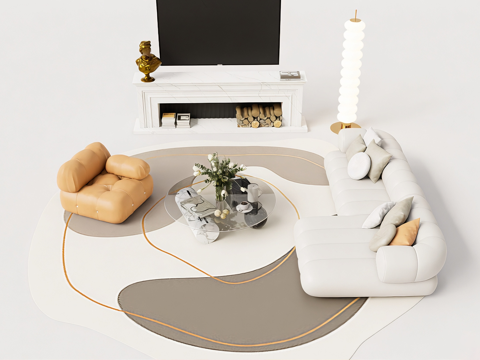 现代简约客厅家具 L型沙发 圆形茶几 壁炉su模型