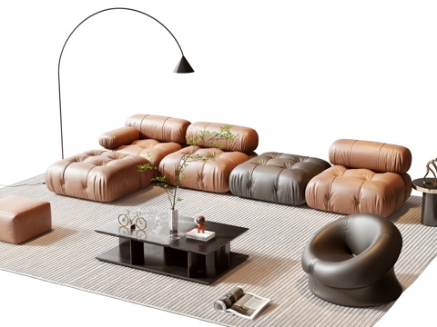  现代沙发茶几组合 组合沙发 茶几 摆件 落地灯 盆栽 墙饰3d模型 