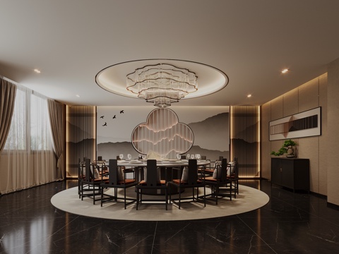  轻奢包间 现代包厢 餐桌椅 艺术吊灯 餐边柜 新中式背景3d模型 