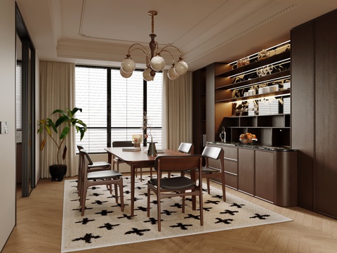  中古风餐厅 酒柜 餐桌椅su模型 