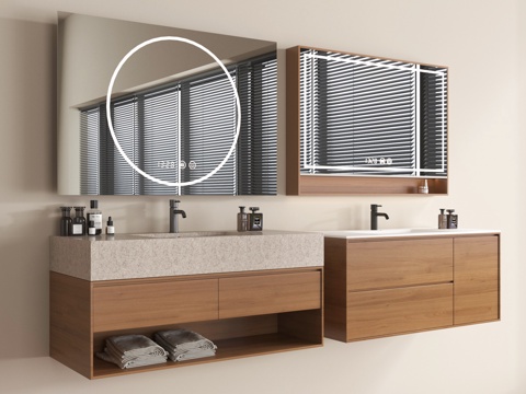 中古风浴室柜 悬空浴室柜 镜柜 卫浴用品su模型