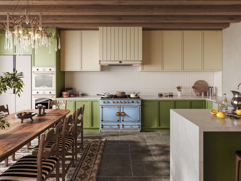  现代奶油风开放式厨房 餐厨一体 开放式餐厅 U型开放式厨房3d模型 