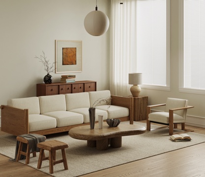  现代原木家居客厅_现代原木风客厅_挂画_沙发组合_吊灯3d模型 