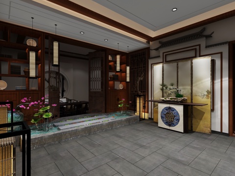  新中式会所 中式大堂 中式酒店背景墙3d模型 