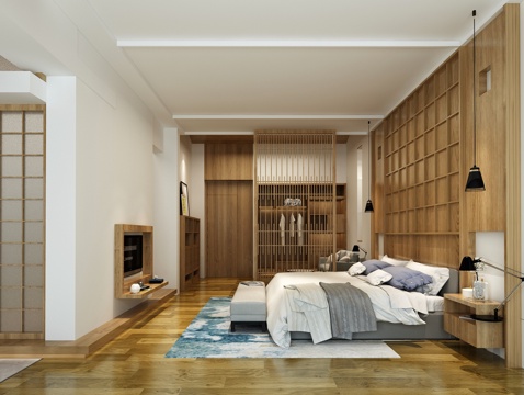  新中式酒店客房 吊灯 台灯 衣橱 双人床 床尾凳 屏风3d模型 