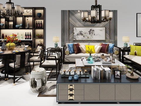  中式沙发餐桌组合 沙发茶几 酒柜 挂画 吊灯3d模型 