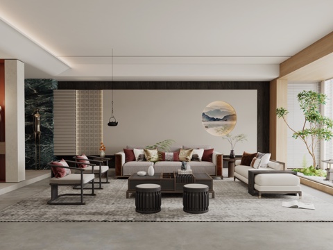  新中式现代家居客厅新中式禅意家居宋式美学客厅客餐厅组合3d模型 