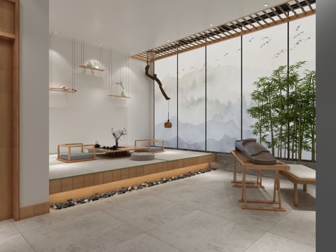  新中禅意榻榻米茶室古筝枯树茶壶茶杯竹子山水屏障鹅卵石新中摆件3d模型 