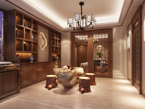  新中式茶室 吊灯 茶桌椅 橱柜3d模型 