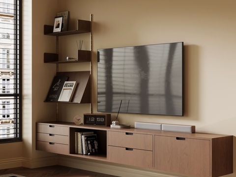  中古风电视柜 悬浮电视柜su模型 