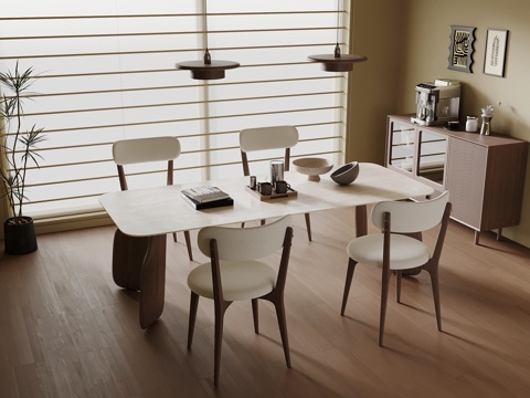  现代中古风餐厅 餐桌椅 餐边柜3d模型 