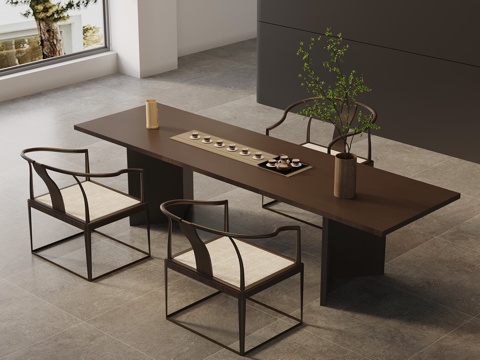 新中式茶桌椅 实木茶桌su模型