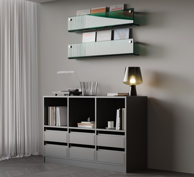 现代意式书柜 置物柜 玻璃书架su模型