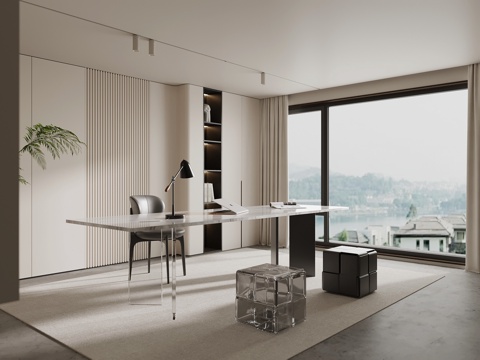 现代书房 书桌椅 背景墙su模型