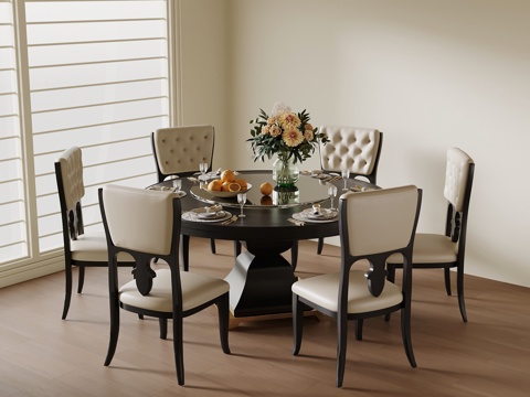 法式复古餐桌椅 圆形餐桌椅su模型