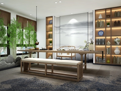  新中式茶室 吊灯 挂画 置物架 摆件 茶桌椅3d模型 