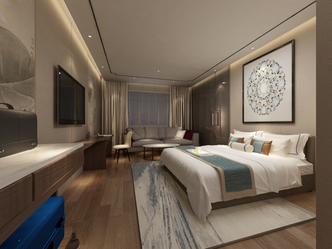  新中式酒店客房单人间3d模型 