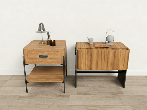 现代简约木质床头柜 边桌套组 黑色细腿 抽屉置物架su模型