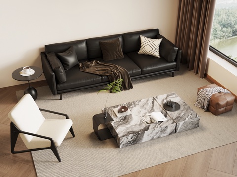 现代意式客厅 沙发茶几组合 边几 休闲椅 皮质沙发su模型