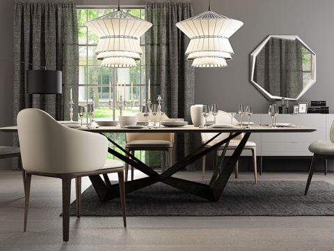  现代餐桌椅吊灯组合3d模型 