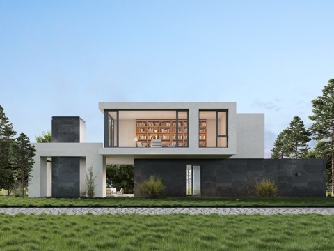  Minotti现代独栋别墅现代异形别墅外观 四合院 森林别墅3d模型 