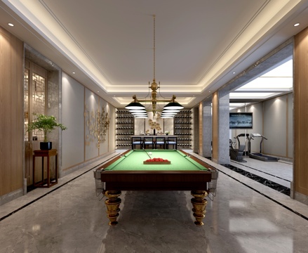  新中式别墅地下室   茶室  棋牌室  台球室  书房3d模型 