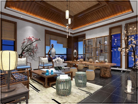  新中式茶室 新中式茶室 茶台 凳子 装饰架 茶具 摆件3d模型 