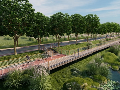  现代滨水栈道 观景平台 步道 自行车道su模型 